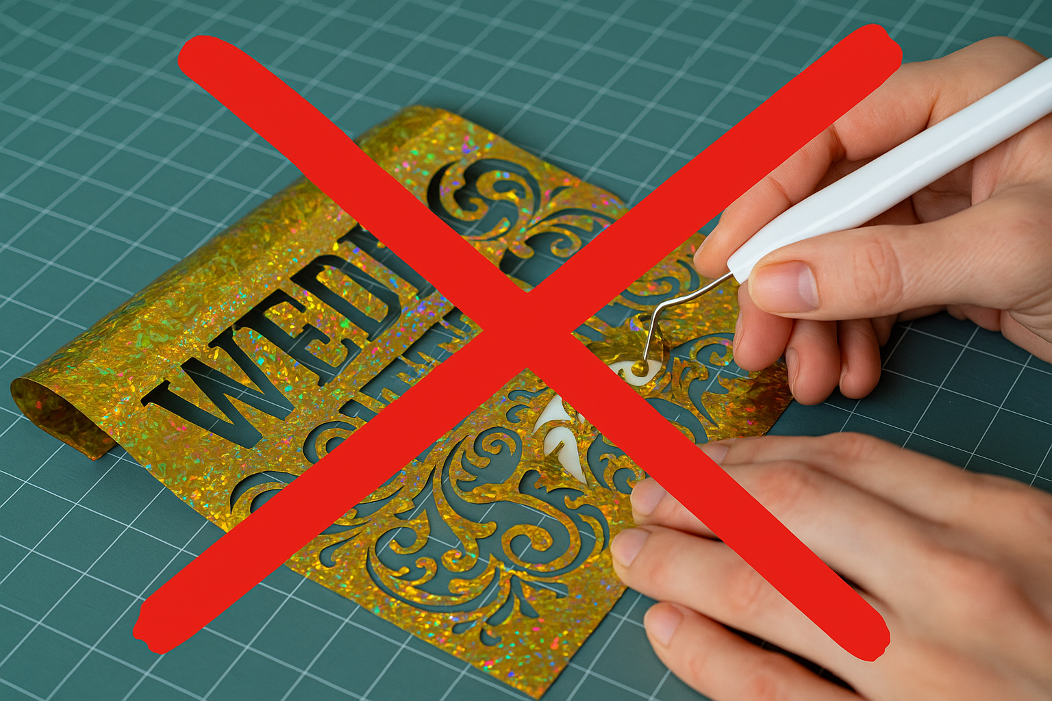 generiere mir ein Bild wo transferfolie entgittert wird. und mch mir ein kreuz durch das Bild als ansage das schluss damit ist